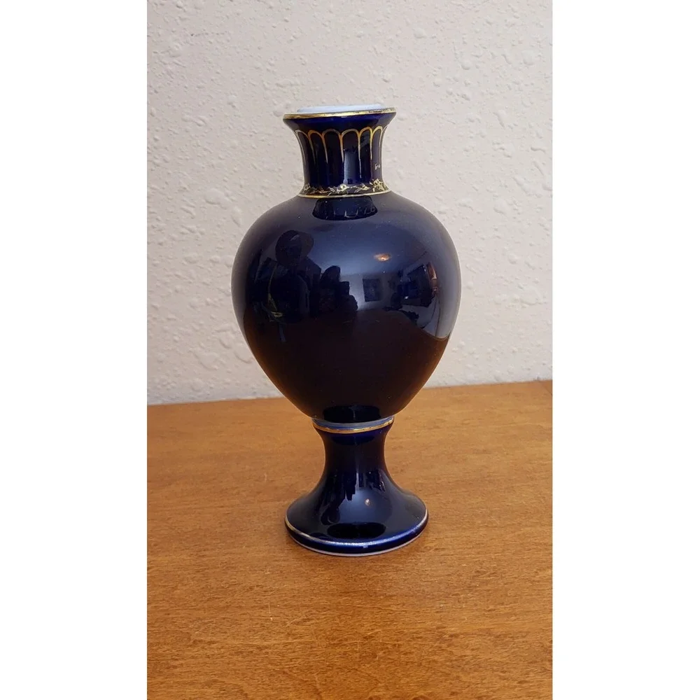 Vtg Candle Holder Porcelain‎ Bud Vase Germany Victorian Cobalt Floral Gold Trim